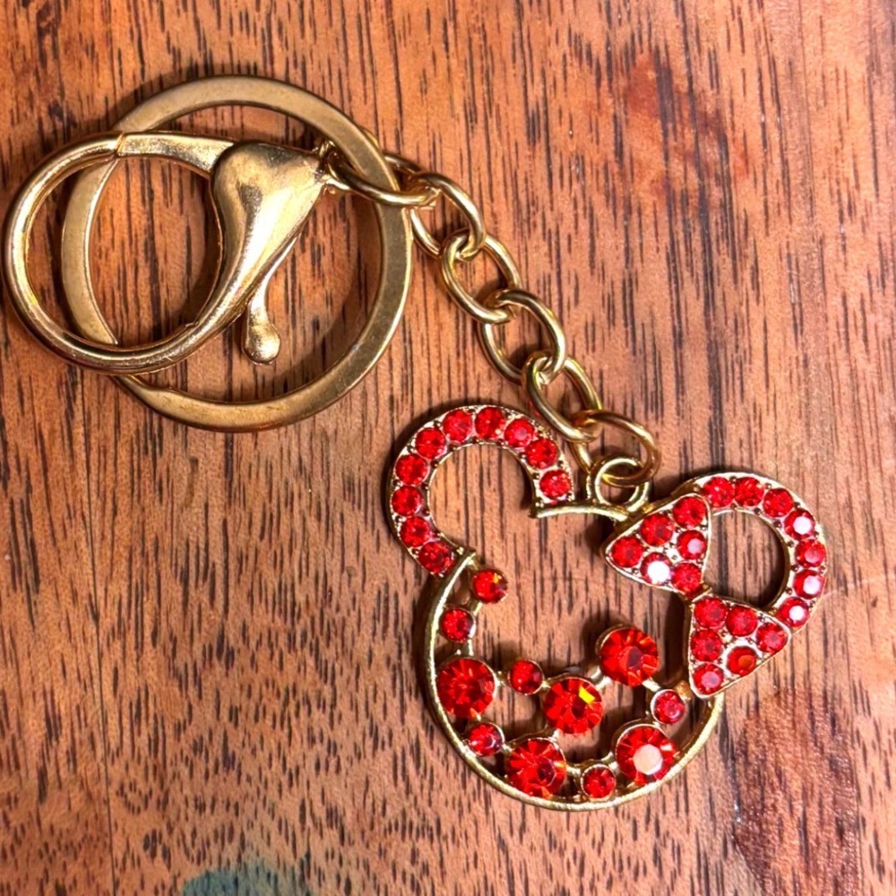 Disney Minnie Mouse Red Rhinestone Gold Tone Keychain Bag Charm Crystal Bow